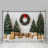 Aperturee - Aperturee Minimalist Christmas Photography Backdrop Clean White Wall with Red Wreath Modern Holiday Photo Background